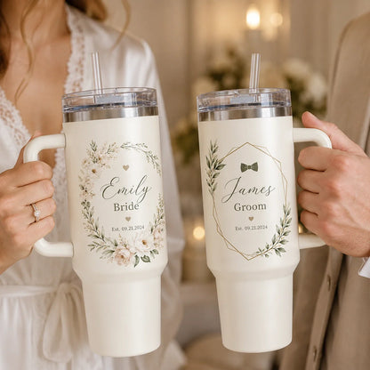 Personalized wedding tumbler set for bride and groom