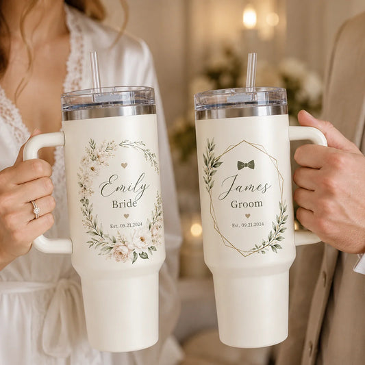 Personalized wedding tumbler set for bride and groom