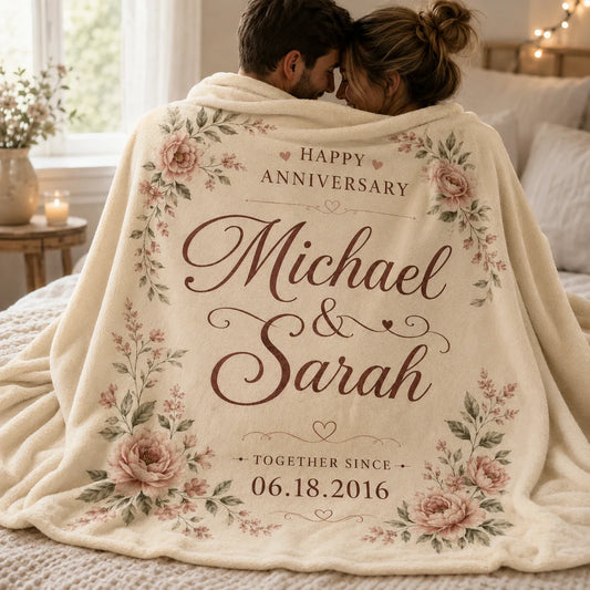 Personalized anniversary blanket for couple with names and date