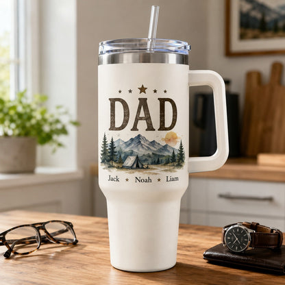 Personalized tumbler for Dad with family names and heartfelt design