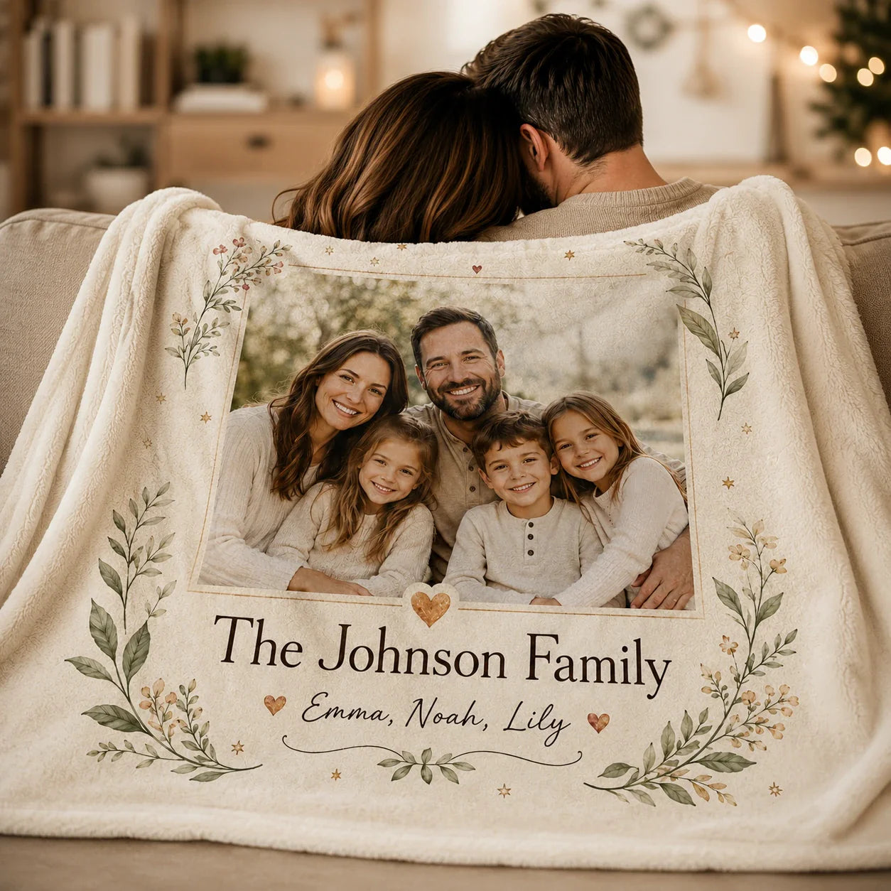 Personalized family photo blanket with names for a birthday or Christmas gift