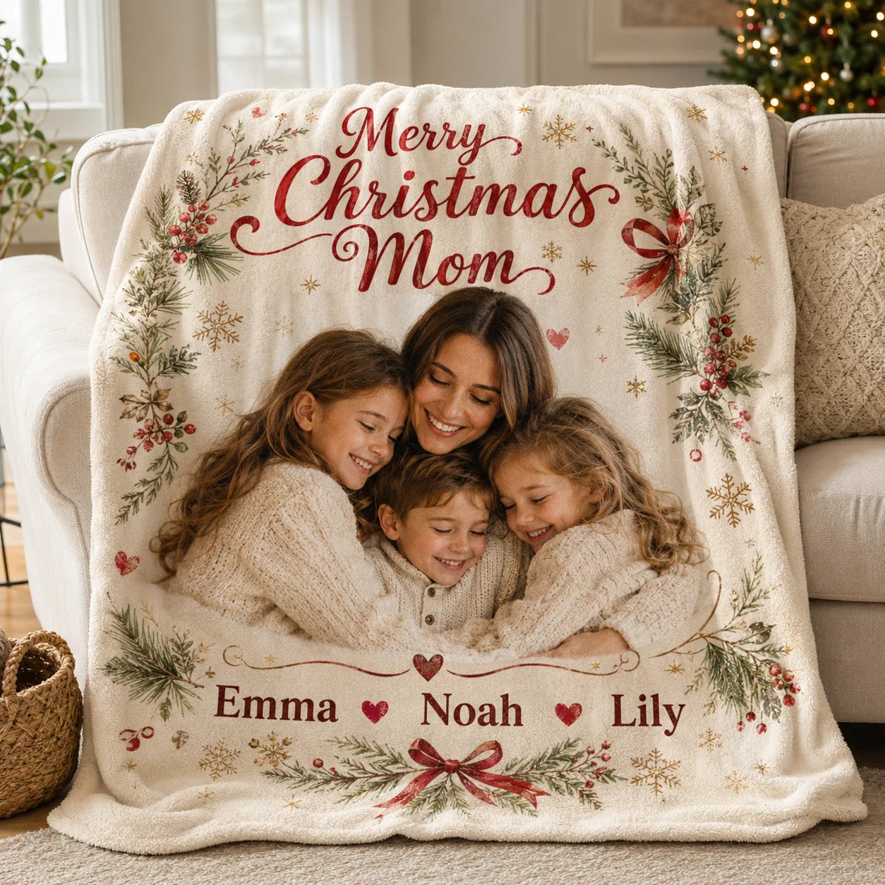 Custom photo blanket for Mom featuring children’s names
