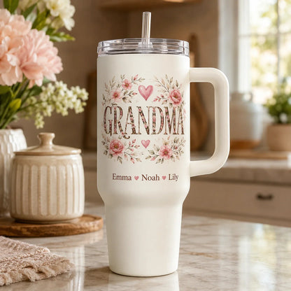 Custom Grandma tumbler featuring grandchildren’s names
