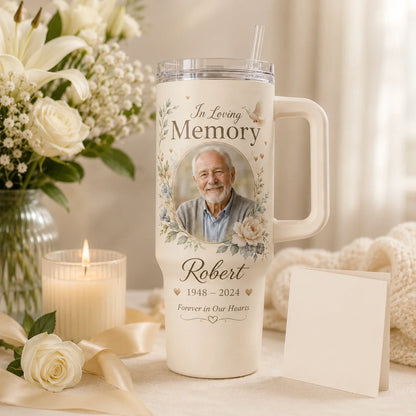 Memorial tumbler gift with photo, name, and meaningful date