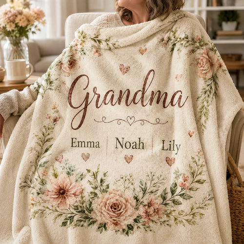 Personalized grandma blanket with grandkids names for a birthday gift