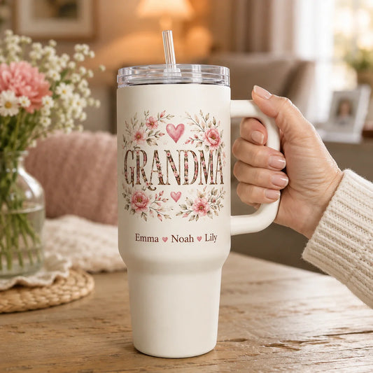 Personalized grandma tumbler with grandkids names for a birthday gift