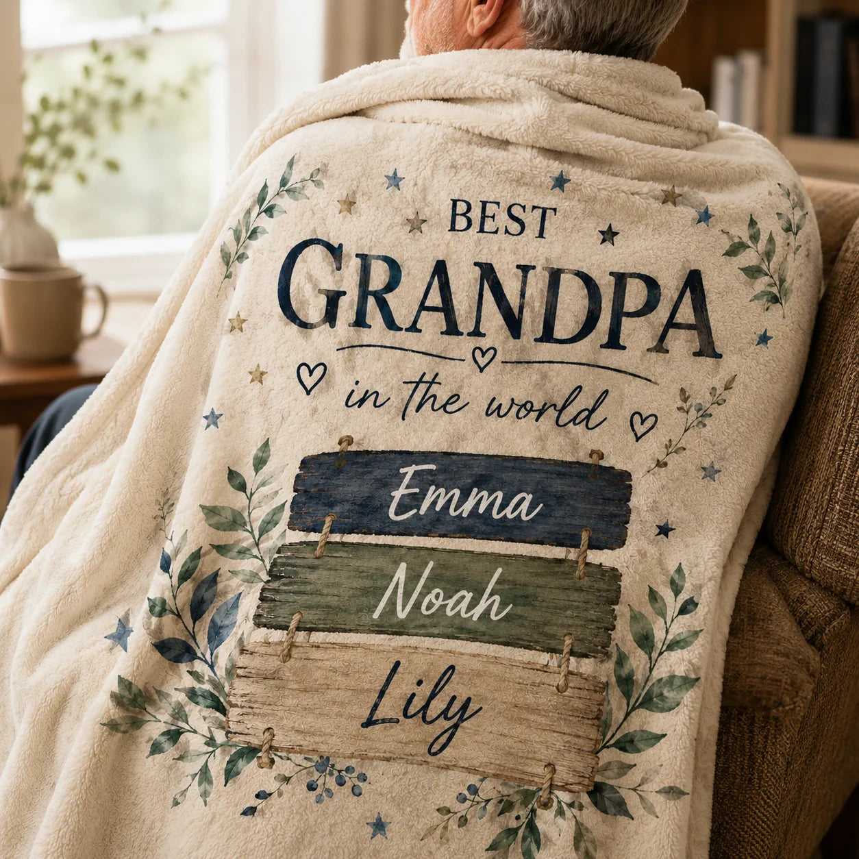 Custom blanket for Grandpa featuring grandchildren’s names