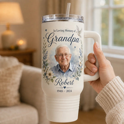 Personalized Grandpa memorial tumbler with photo, name, and date