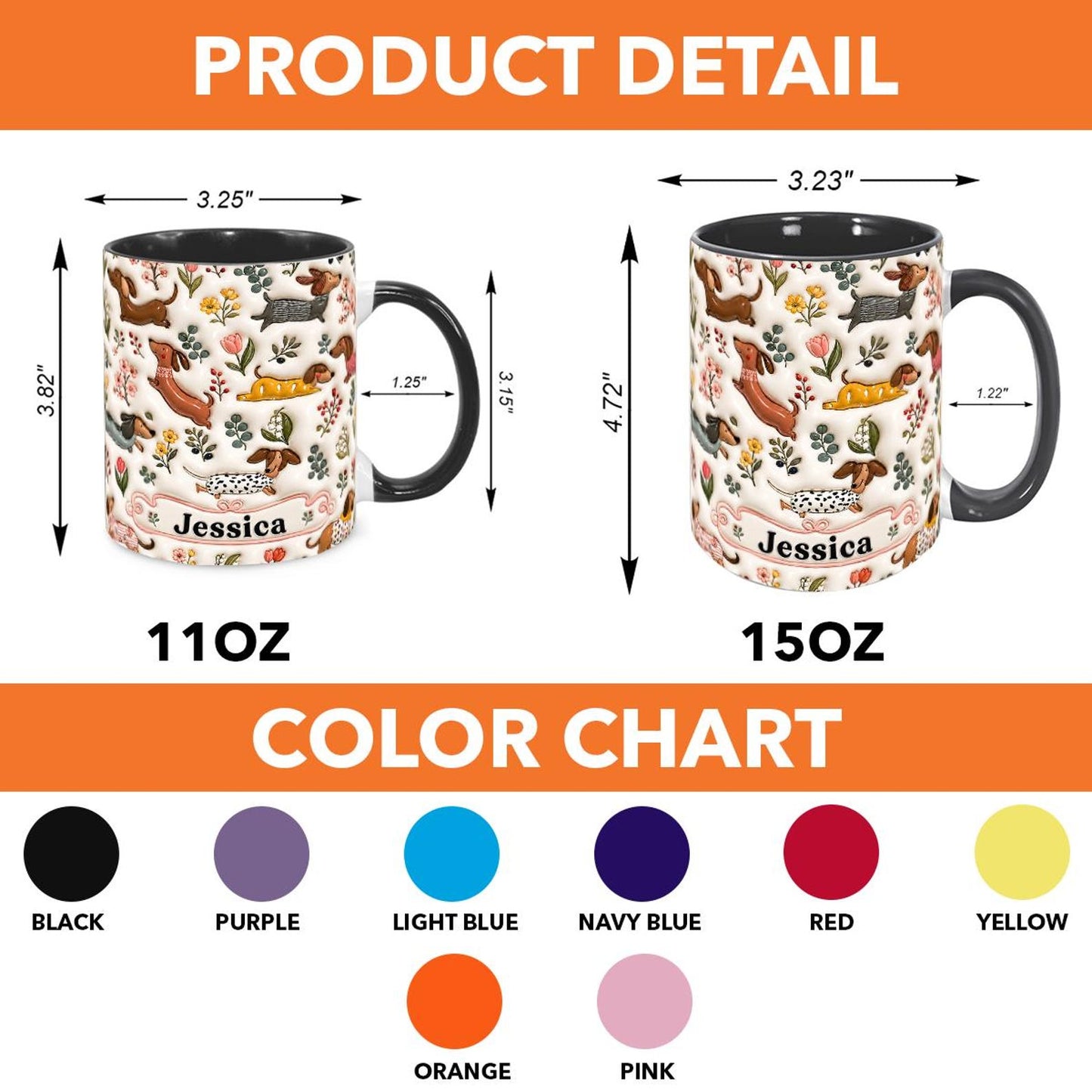 Personalized Dachshund Floral Mug, Custom Name Coffee Cup, 3D Look Dog Lover Gift