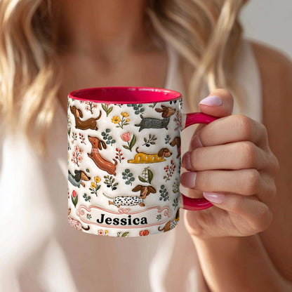 Personalized Dachshund Floral Mug, Custom Name Coffee Cup, 3D Look Dog Lover Gift