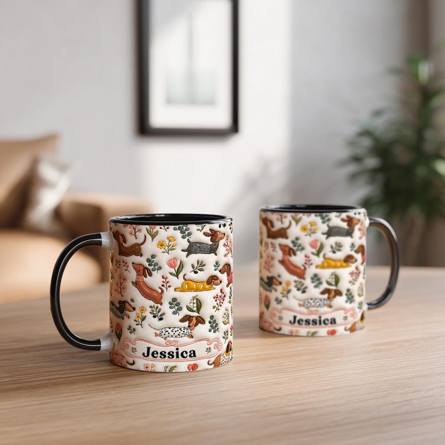Personalized Dachshund Floral Mug, Custom Name Coffee Cup, 3D Look Dog Lover Gift