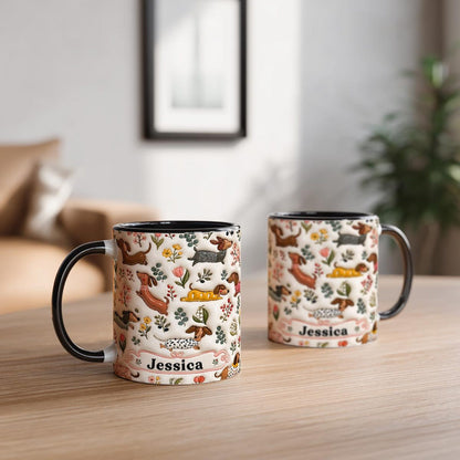 Personalized Dachshund Floral Mug, Custom Name Coffee Cup, 3D Look Dog Lover Gift