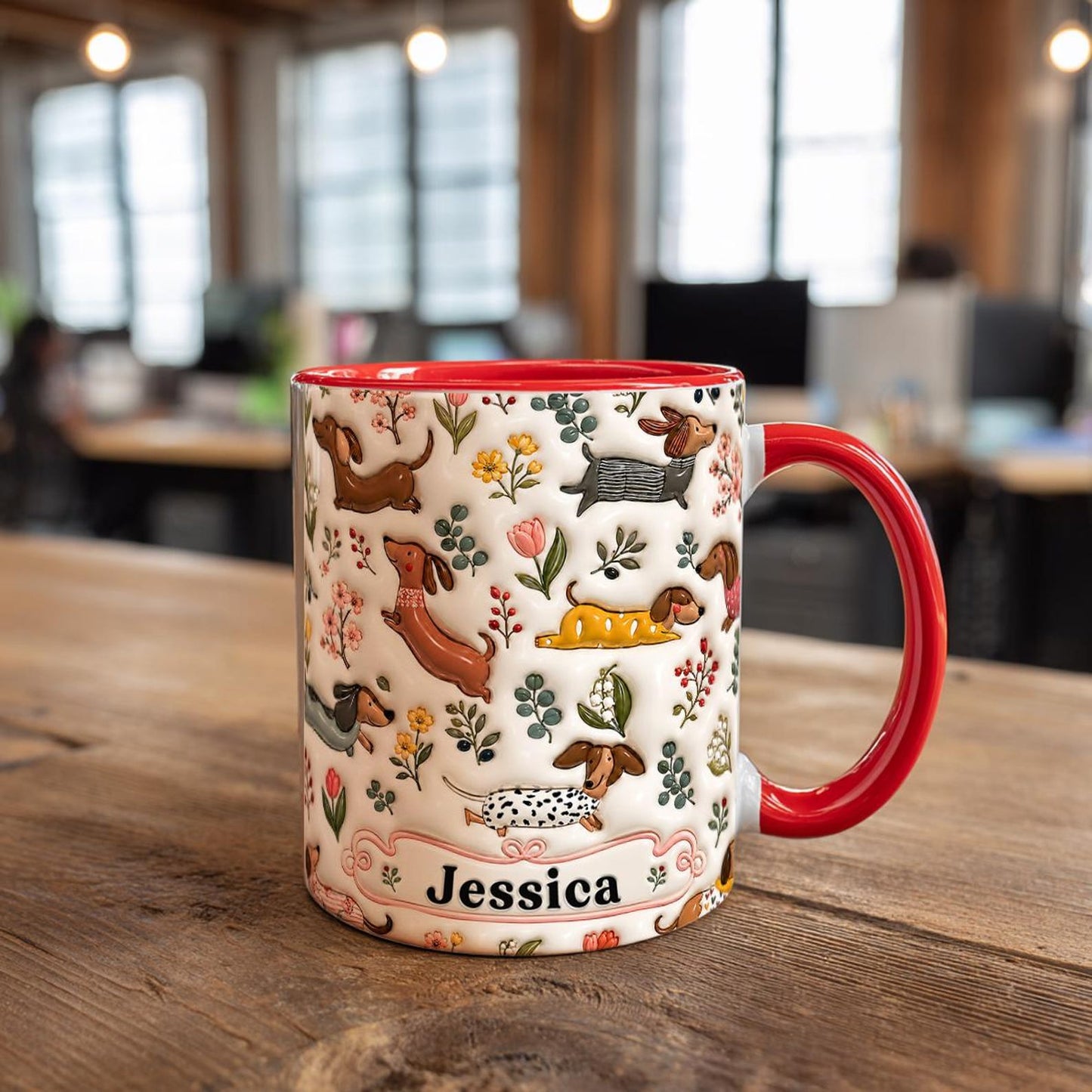 Personalized Dachshund Floral Mug, Custom Name Coffee Cup, 3D Look Dog Lover Gift