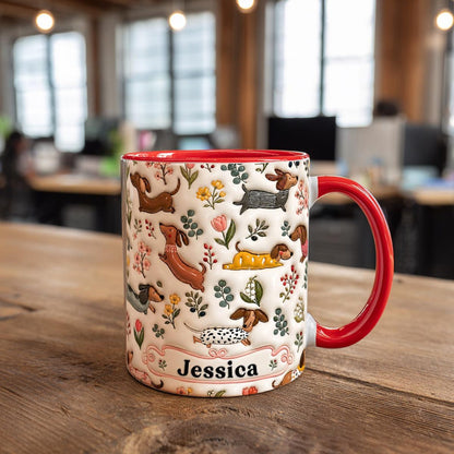 Personalized Dachshund Floral Mug, Custom Name Coffee Cup, 3D Look Dog Lover Gift