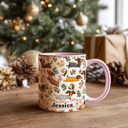 Personalized Dachshund Floral Mug, Custom Name Coffee Cup, 3D Look Dog Lover Gift