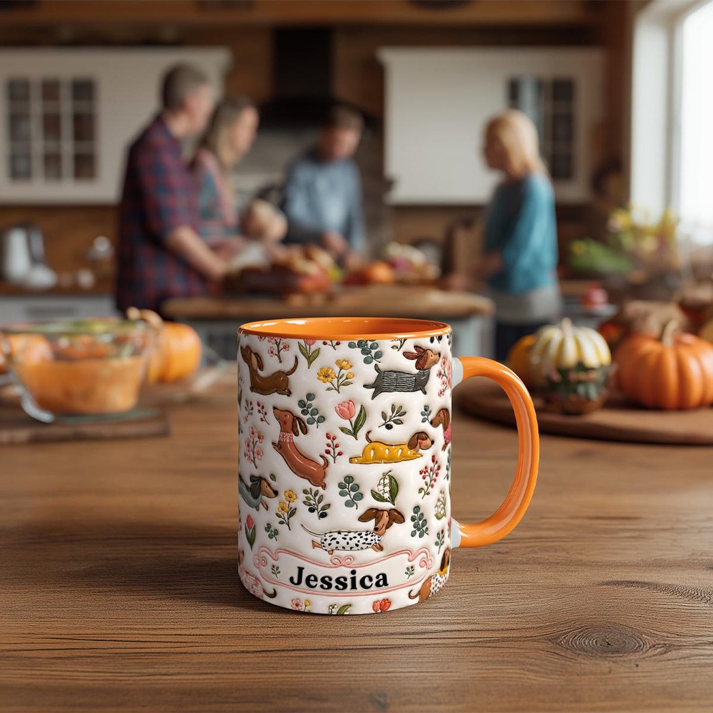 Personalized Dachshund Floral Mug, Custom Name Coffee Cup, 3D Look Dog Lover Gift