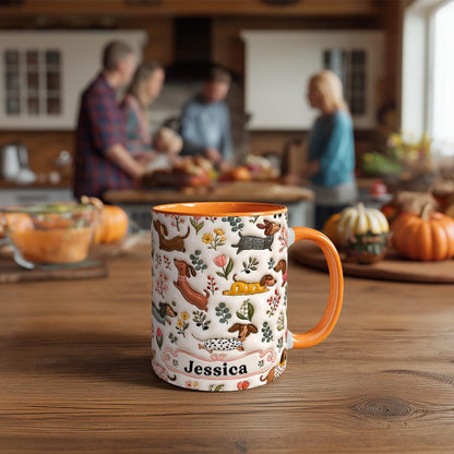 Personalized Dachshund Floral Mug, Custom Name Coffee Cup, 3D Look Dog Lover Gift