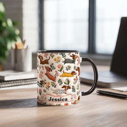 Personalized Dachshund Floral Mug, Custom Name Coffee Cup, 3D Look Dog Lover Gift