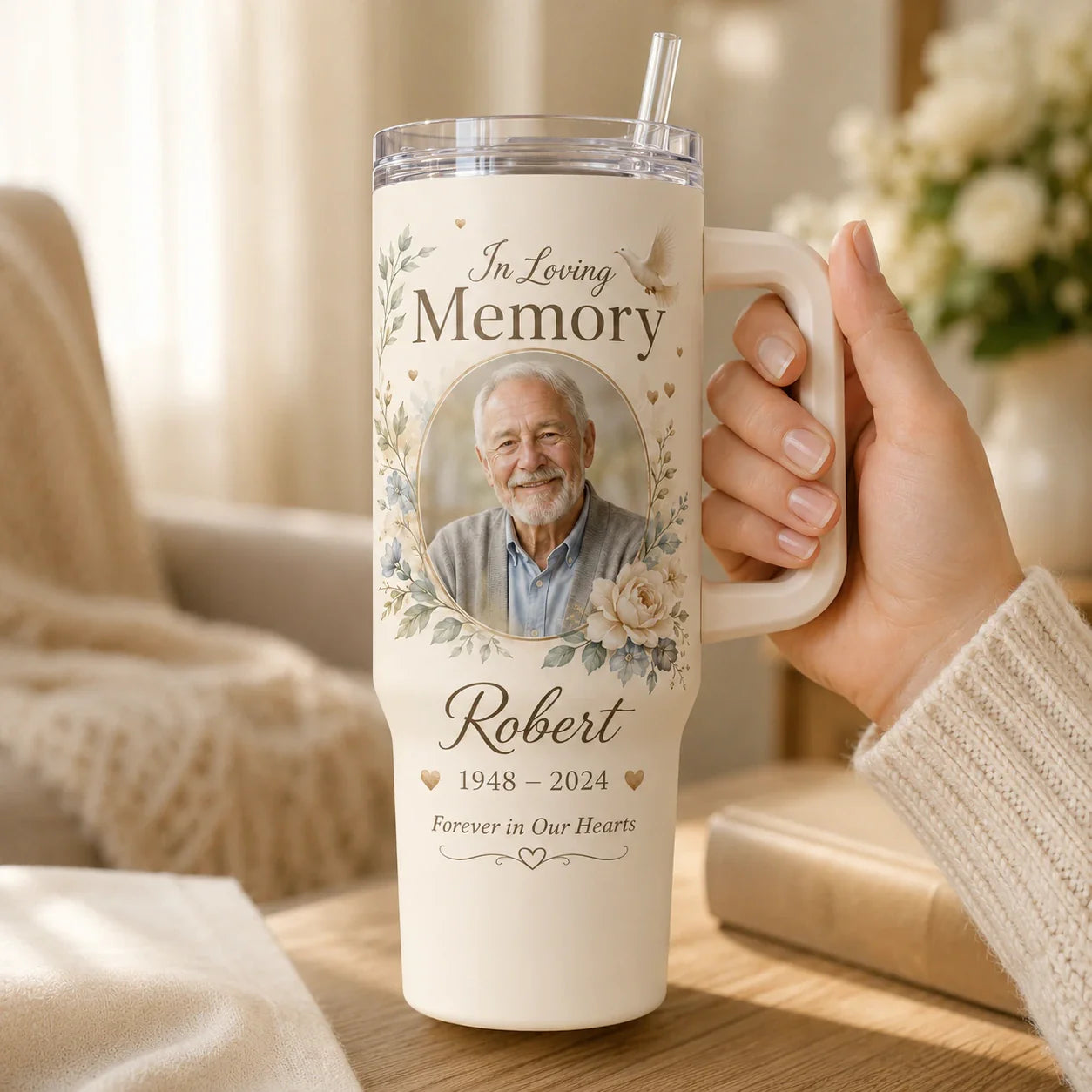 Personalized memorial photo tumbler with name and date