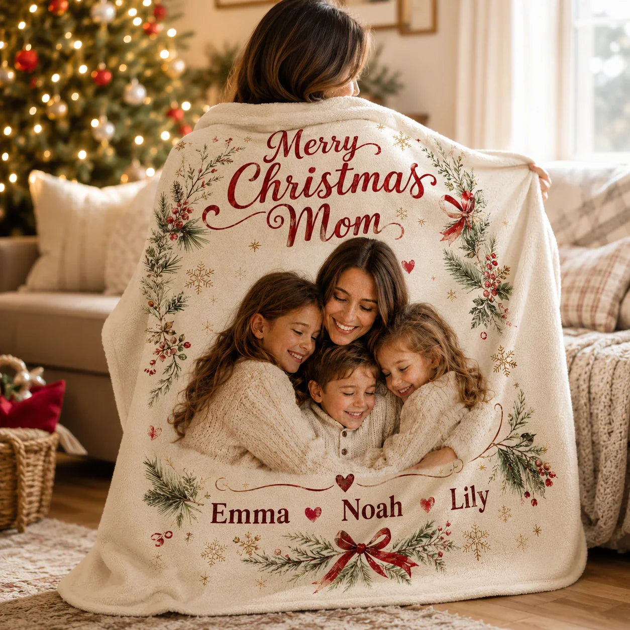 Personalized mom photo blanket with kids names for Christmas