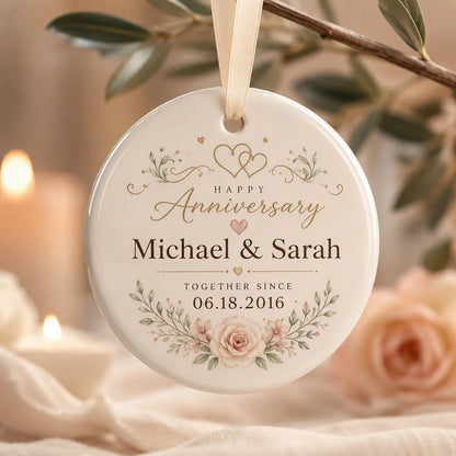 Custom couple ornament featuring names and a special anniversary date