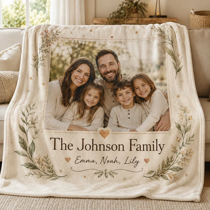 Custom family blanket featuring a photo and names
