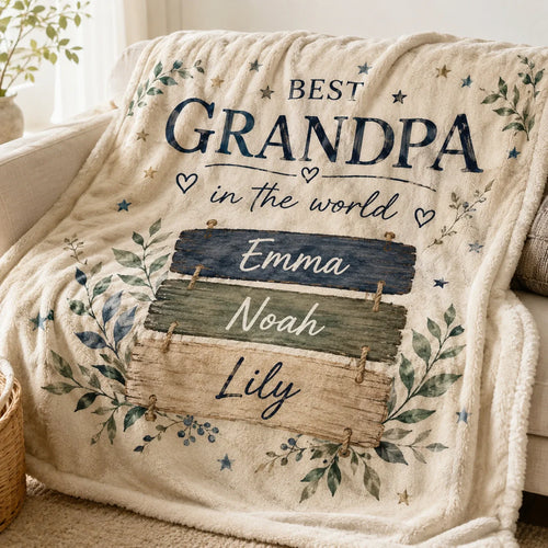 Personalized grandpa blanket with grandkids names for a birthday gift