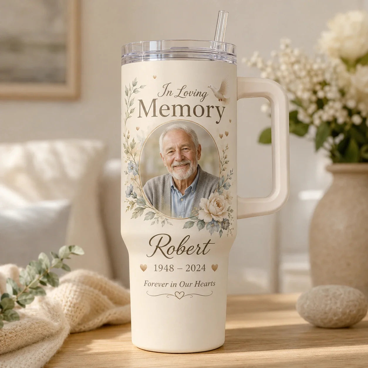 Custom remembrance tumbler featuring a photo and memorial details