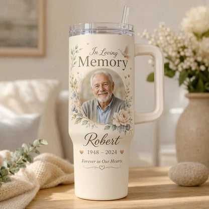 Custom remembrance tumbler featuring a photo and memorial details