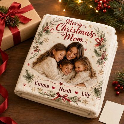 Personalized family blanket gift for Mom with photo and names
