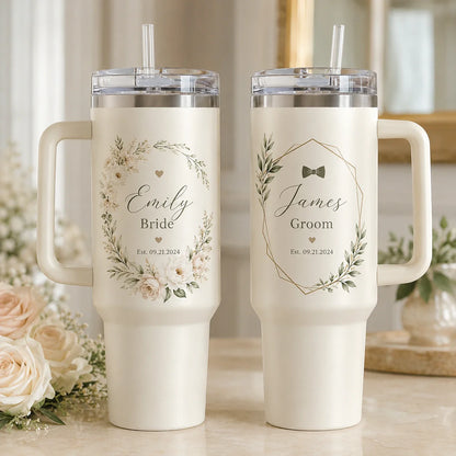 Custom bride and groom tumbler set with names and date