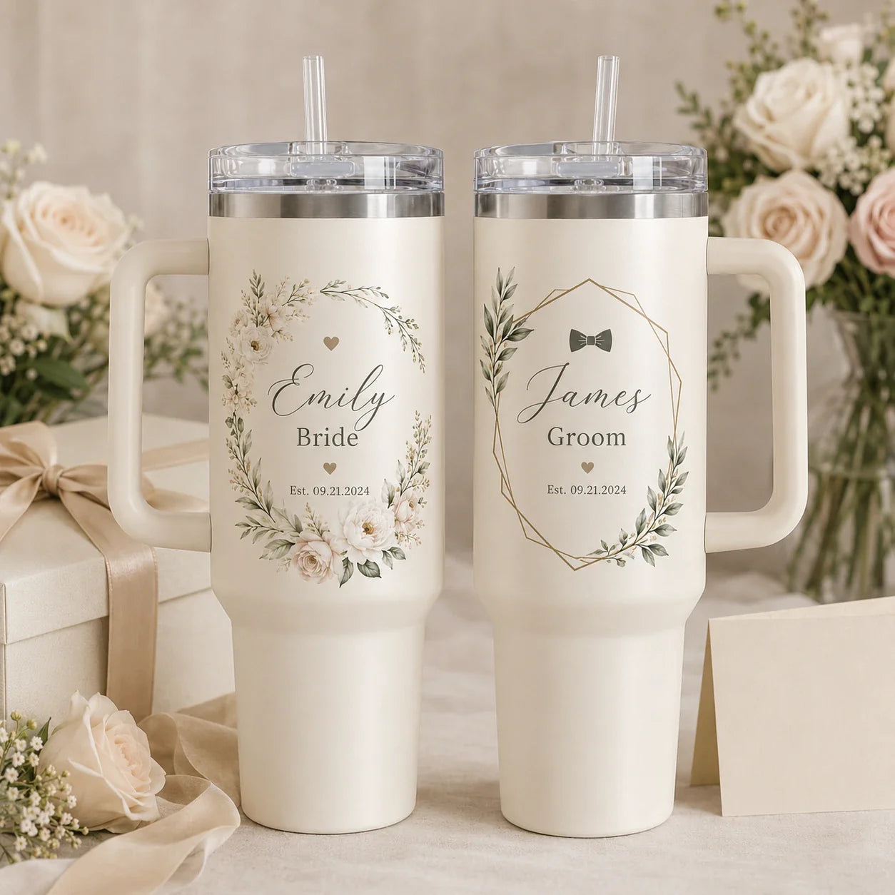 Matching wedding tumbler gift personalized for newlyweds